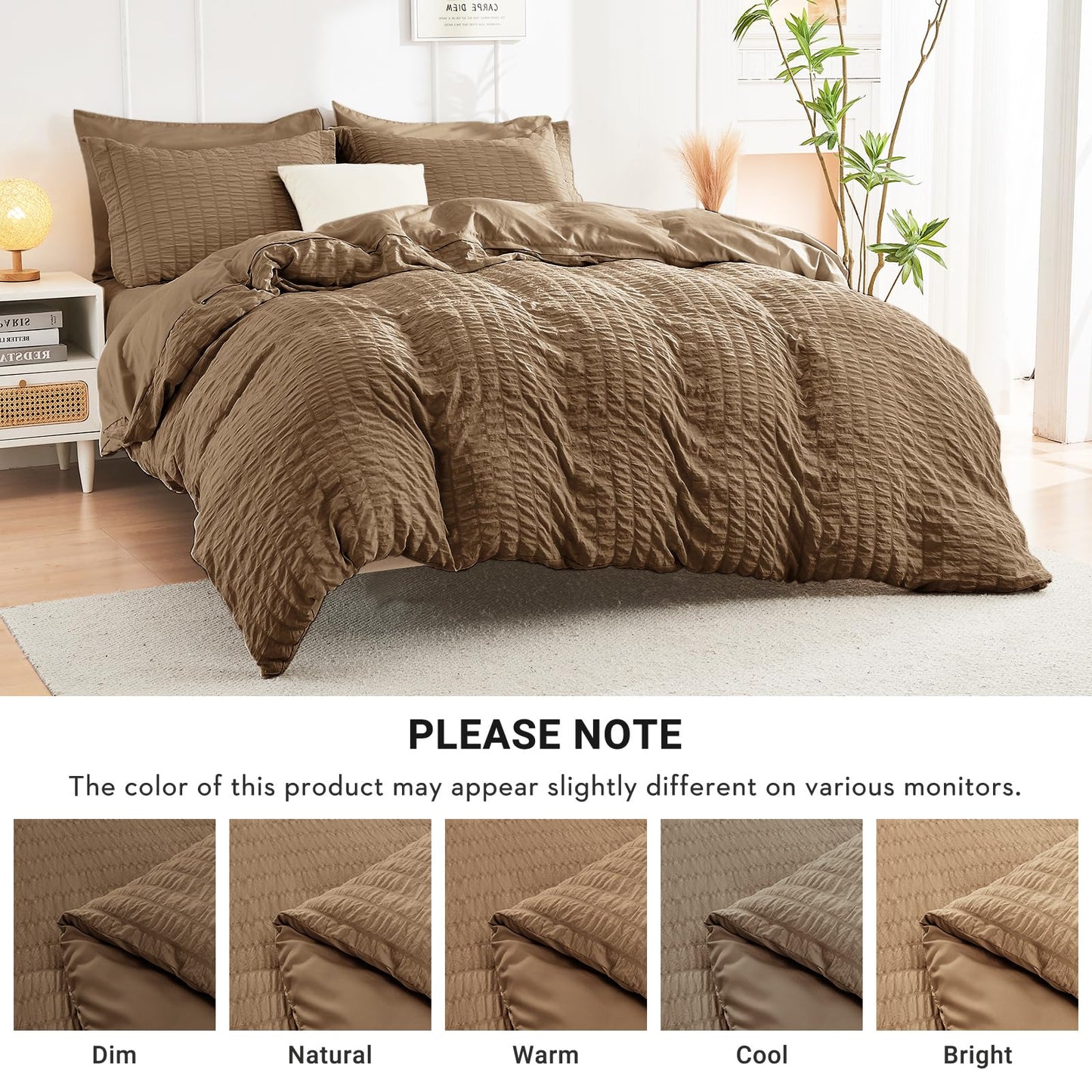 HYMOKEGE Brown Full Size Comforter Sets Seersucker 7 Pieces, All Season Luxury Bed in a Bag for Bedroom, Bedding Set with Comforter, Sheets, Pillowcases & Shams