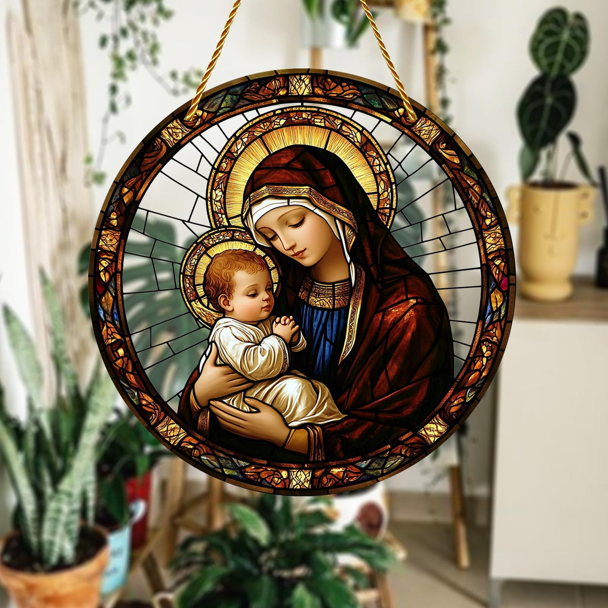 8x8 inch Charming Madonna and Child Acrylic Stained Glass Window Hanging Sun Catcher Decor Stained Panel Hangings Wall Art Decor, for Friends and Family (Madonna and Child)