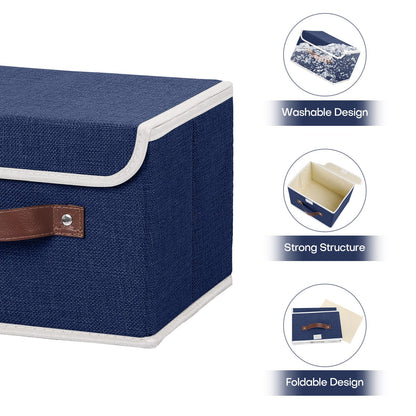 ANMINY Storage Bin with Lid Storage Boxes with PU Leather Handles PP Plastic Board Decorative Foldable Lidded Cotton Linen Fabric Home Cubes Baskets Closet Organizer Container - Blue, Small Size