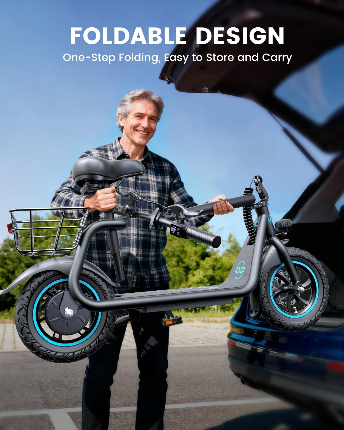AWWSCOOTER C1 Electric Scooter with Seat for Adults, 450W Motor, 20-Mile Range, 16MPH, Foldable Commuter E-Scooter with Basket for Grocery, Pets, and Daily Commute– Matte Black