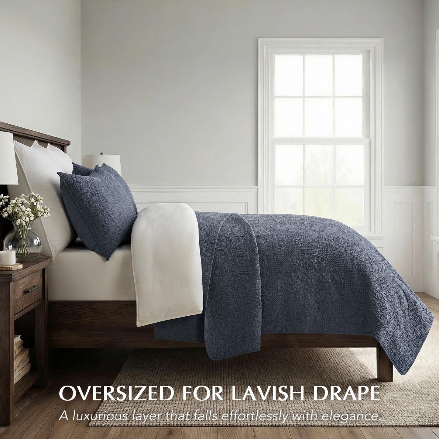 EverGrace Medallion Stitch Cotton Quilt Set King Size, 3-Piece 100% Cotton Quilted Bedspread Coverlet Bedding Set with Pillow Shams, Oversized Lightweight Soft & Breathable All-Season, Indigo Blue