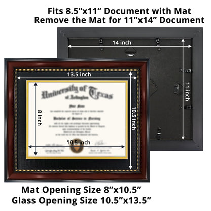 GraduationMall 8.5x11 Diploma Frame with Black over Gold Mat or Display 11x14 Document without Mat, UV Protection Acrylic, Mahogany with Gold Beads