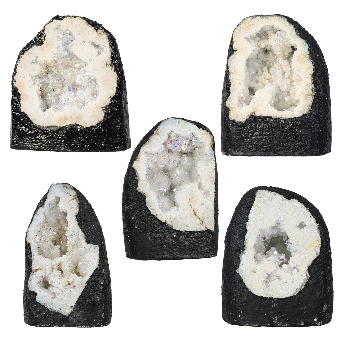 Nupuyai Irregular Titanium Coated Quartz Crystal Geode Cluster Natural Reiki Rock Crystal Mineral Specimen for Home Decor/Meditation, White AB Crystal