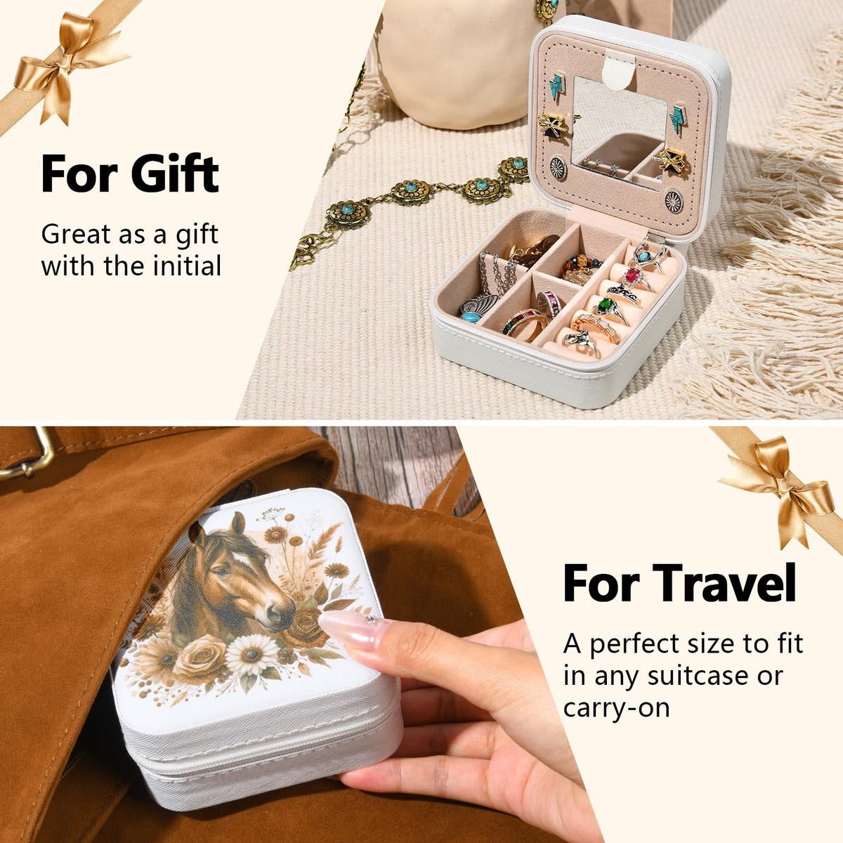 CEELGON Western Jewelry Box Case Gift Horse Print Travel Jewelry Organizer Christmas Gifts for Teen Girls Cowgirl Stuff Small Portable Travel Accessories for Women (Horse)