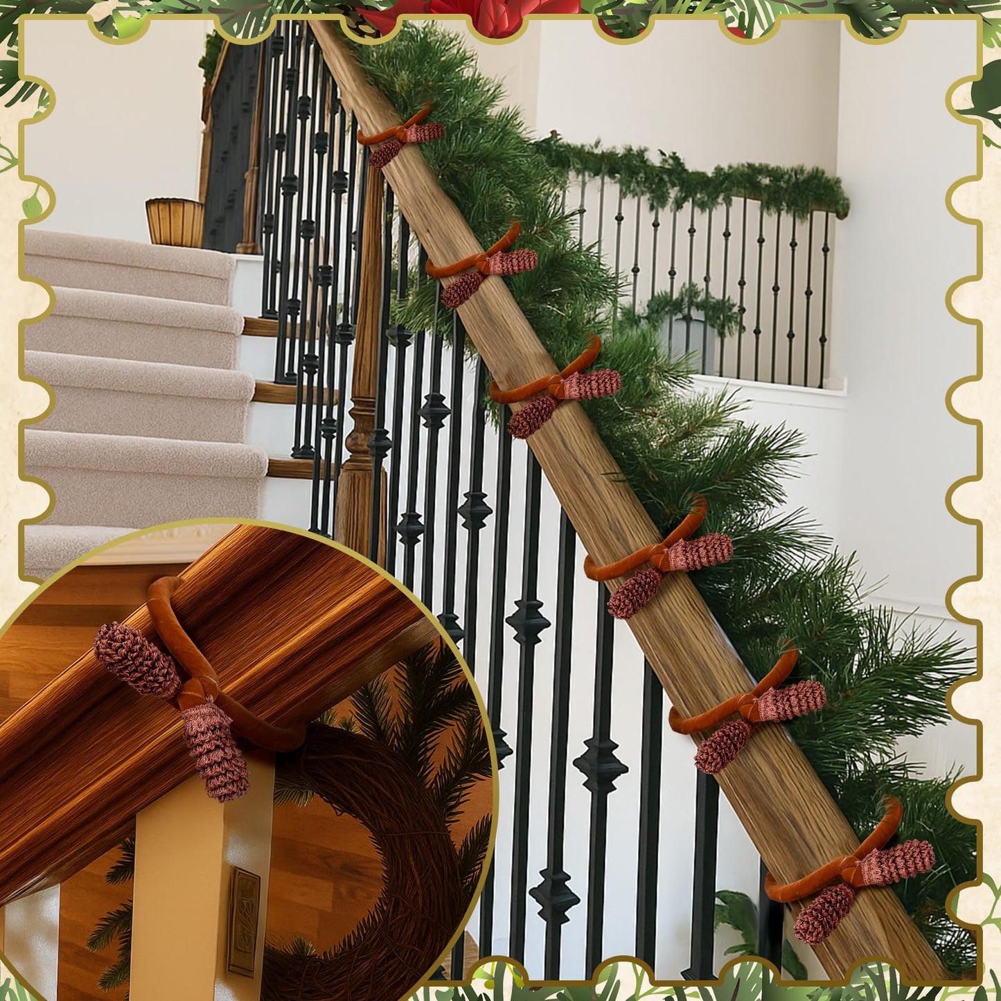 Jutom 16 Pcs 20 Inches Christmas Velvet Garland Ties Decorative Banister Twist Ties Reusable and Flexible for Xmas Light Banisters Home Stairways Railings Decoration(Brown)