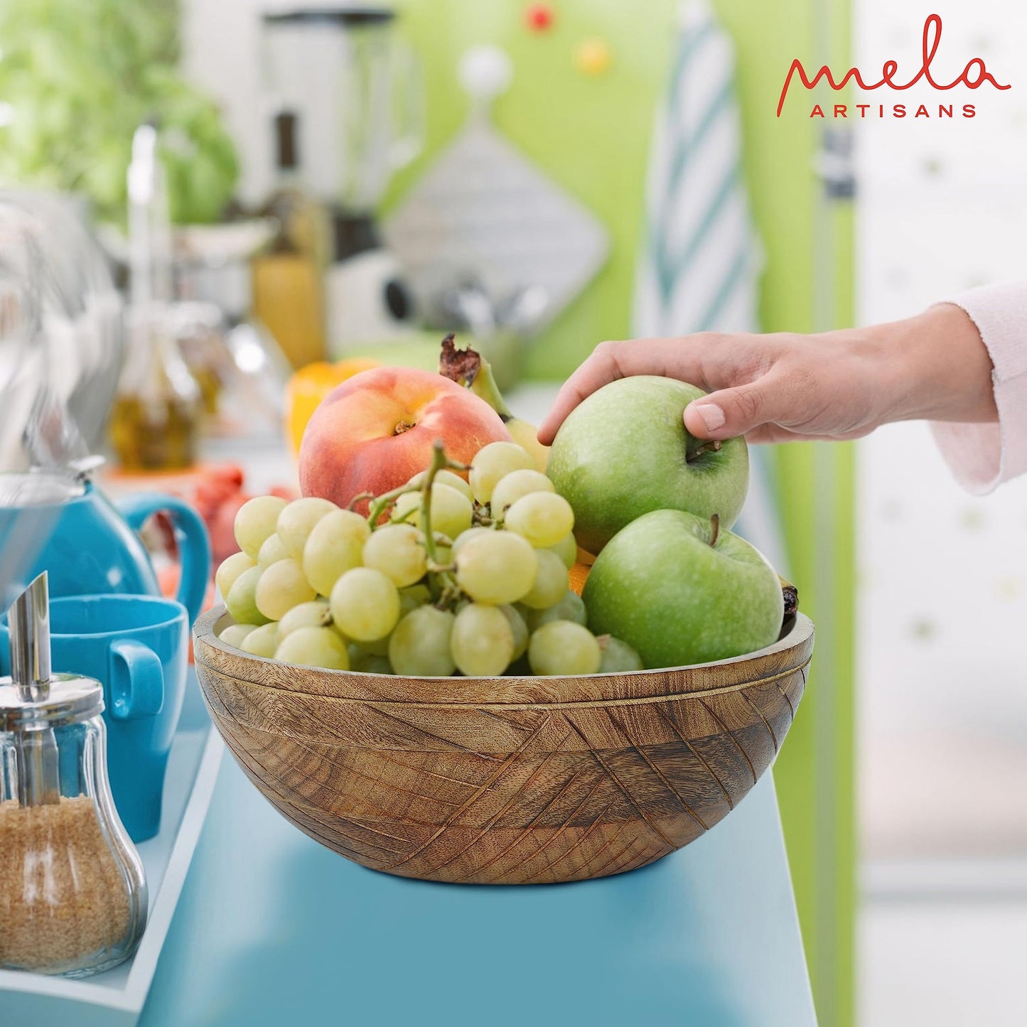 Mela Artisans 12 in Wide x 4.5 in Tall Jai Valley Mango Wood Bowl with Felt Pads – Hand-Carved Decorative Serving and Fruit Bowl with Light Burnt Finish for Kitchen Counter, Salad, Snacks and Bread