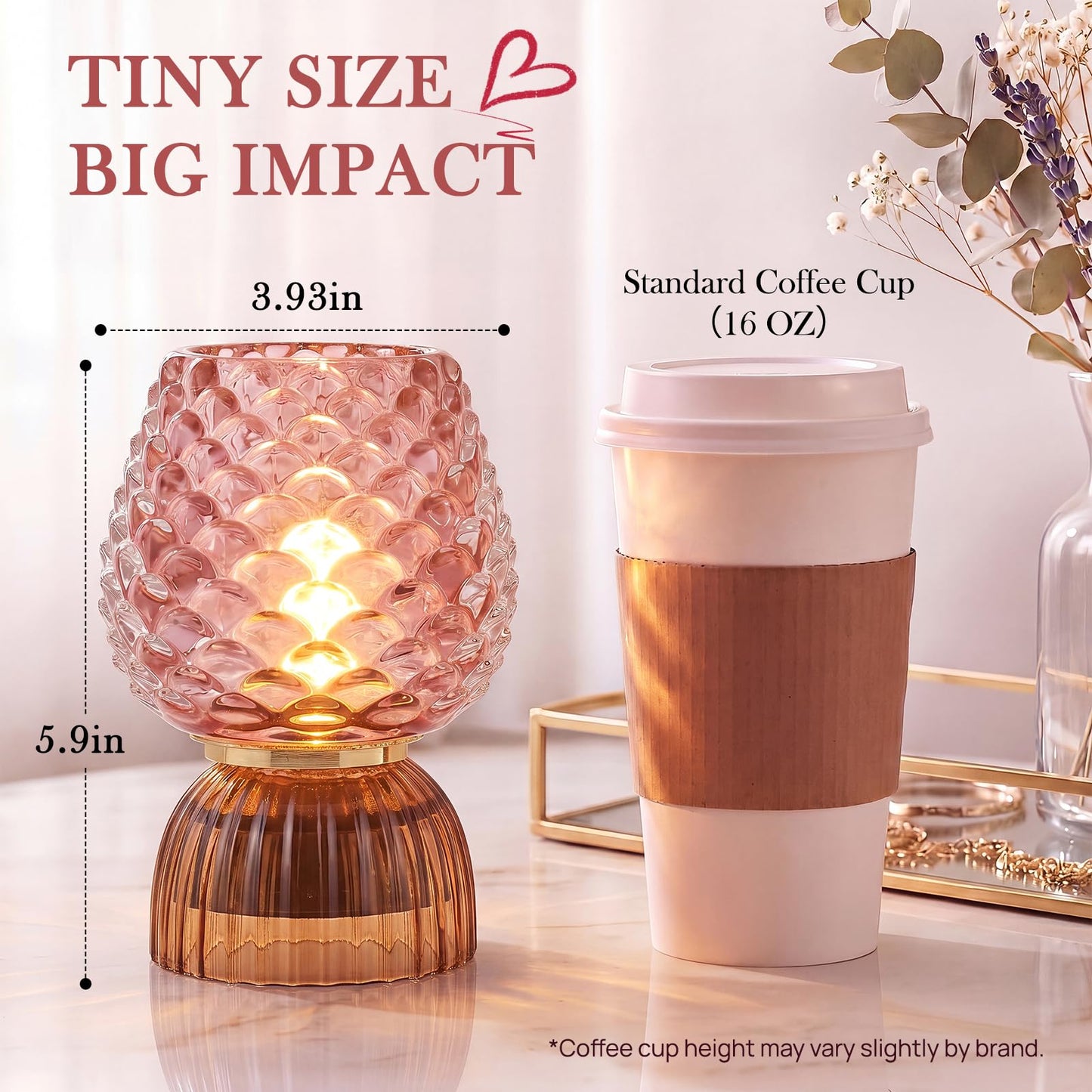 SisiHokai Battery Operated Lamp with Timer, Cute Small Cordless Glass Table Lamp for Home Decor, Kitchen, Bathroom, Birthday Gift for Women, Pinecone, Pink