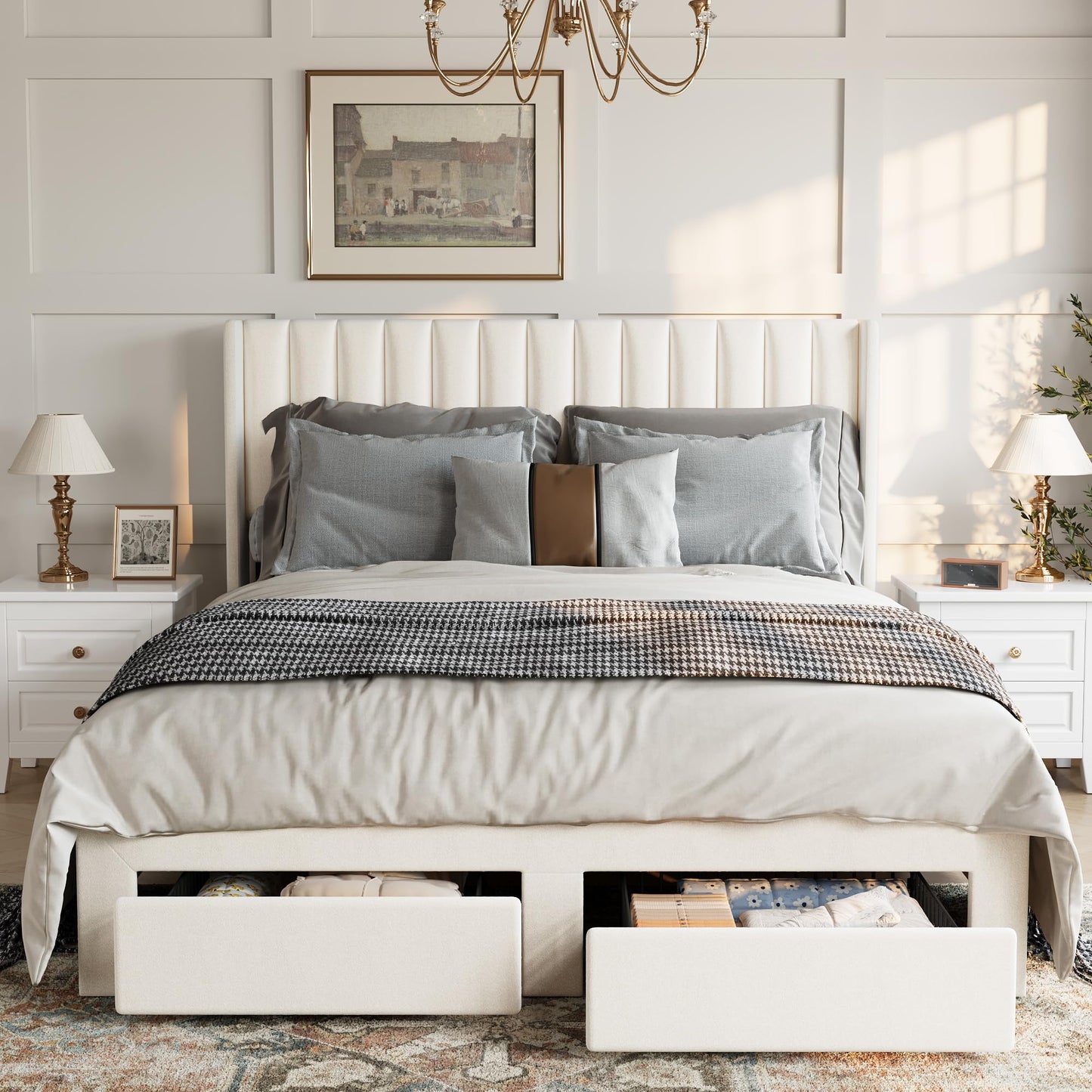 GarveeHome Full Size Bed Frame, Bed Frame Upholstered Platform Bed with Velvet Headboard, Wing Edge Design, 2 Storage Drawers, No Box Spring Needed, Beige