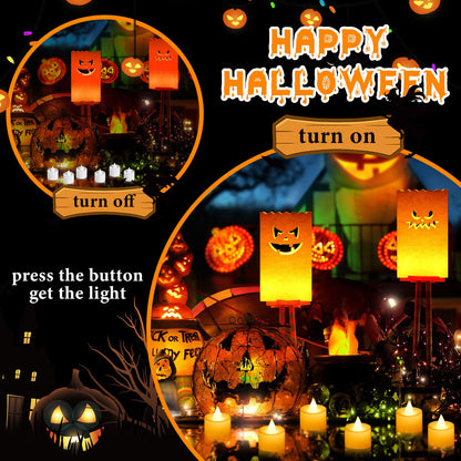 Meanplan 48 Pcs Halloween Luminary Bags with LED Light Candles Set 24 Pcs Luminary Candle Bags 24 Pcs LED Tealight Candles Ghost Lantern Bags for Halloween Outdoor Indoor Patio Decorations (Classic)