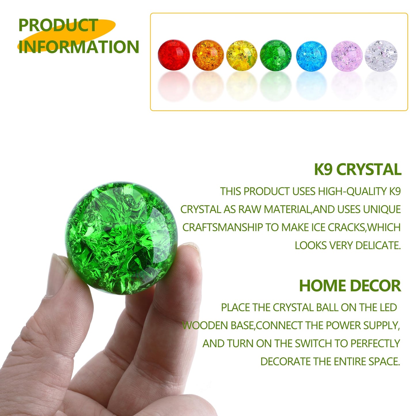LOULIQIGIFT 7 Colors Ice Cracked Balls with LED Wooden Base 40mm Healing Sphere Balls Set Crystal Chakra Night Light Decor