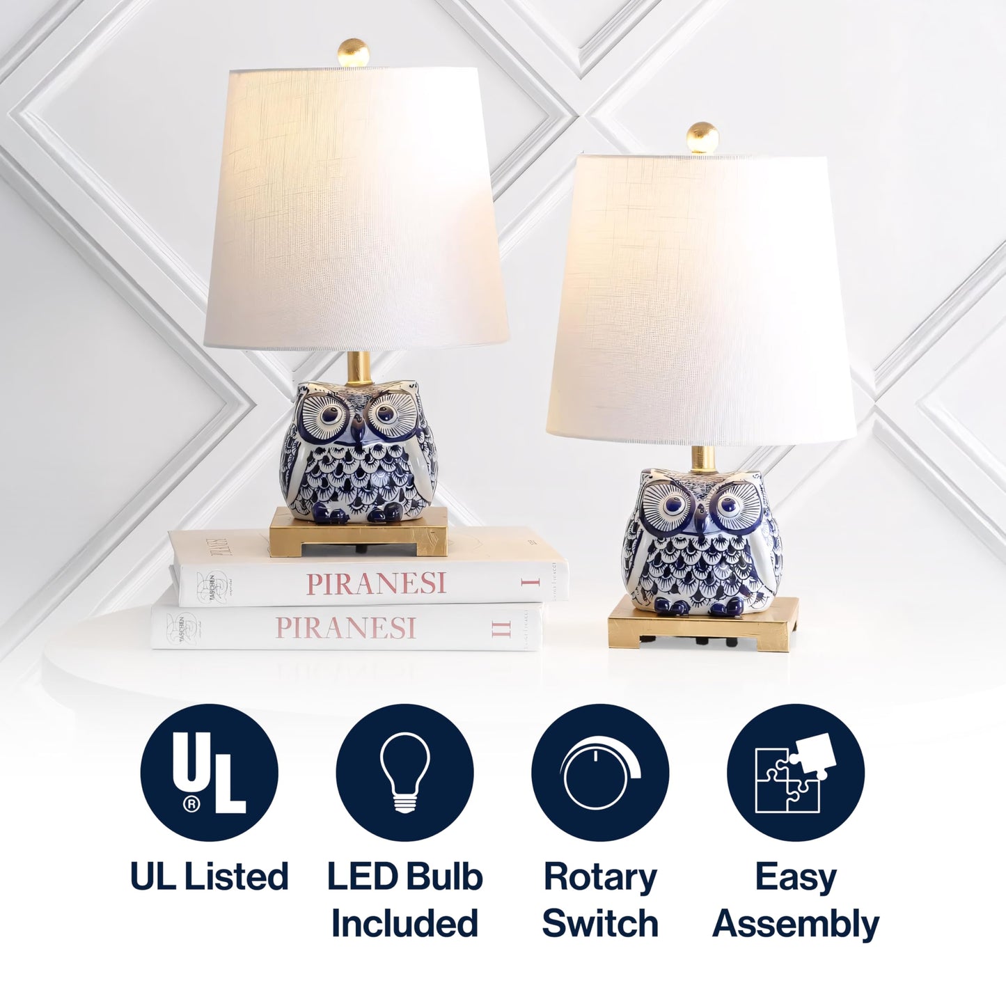 JONATHAN Y 16" Blue/White Ceramic Owl Mini Table Lamp for Bedroom or Office, Modern Farmhouse Nightstand Lamp with White Linen Shade, LED Bulb Included (JYL3014A-SET2)
