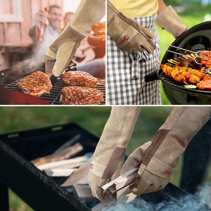 AOUCHI Leather Welding BBQ Fire Gloves, Fireproof Heat-Resistant Long Sleeve Mitts for TIG/MIG, Log Wood Burners, Firefighting, Barbecue, Fireplace, Oven, Stove, Grill, Animal Handling (Medium)