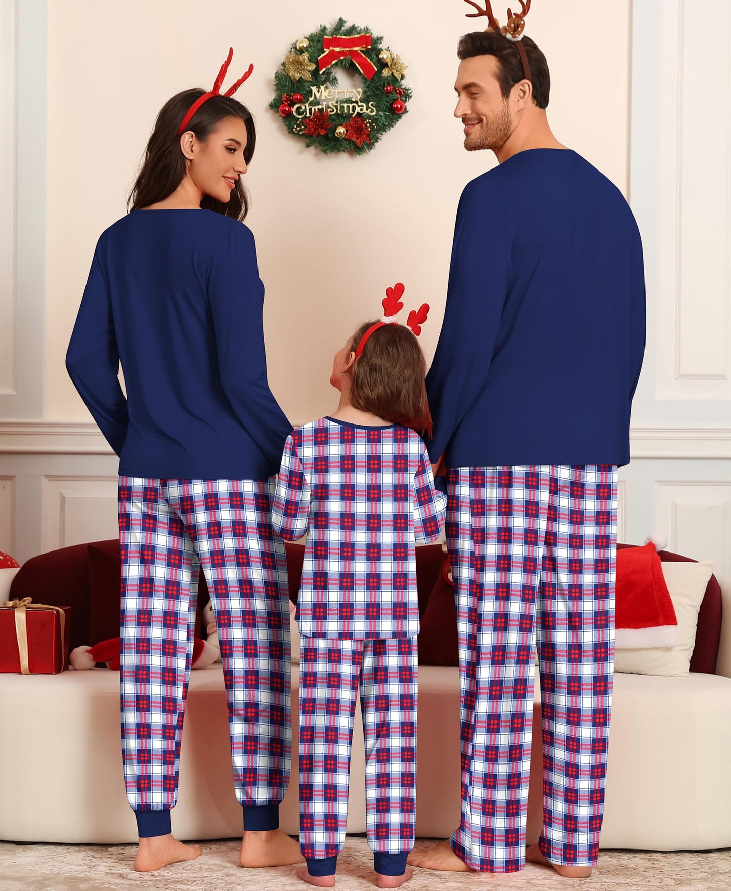 SWOMOG Couple Matching Pajamas Set Christmas Pajamas Long Sleeve Button Down Pj Set Festival Party Xmas Sleepwear Women Navy Blue Plaid Small