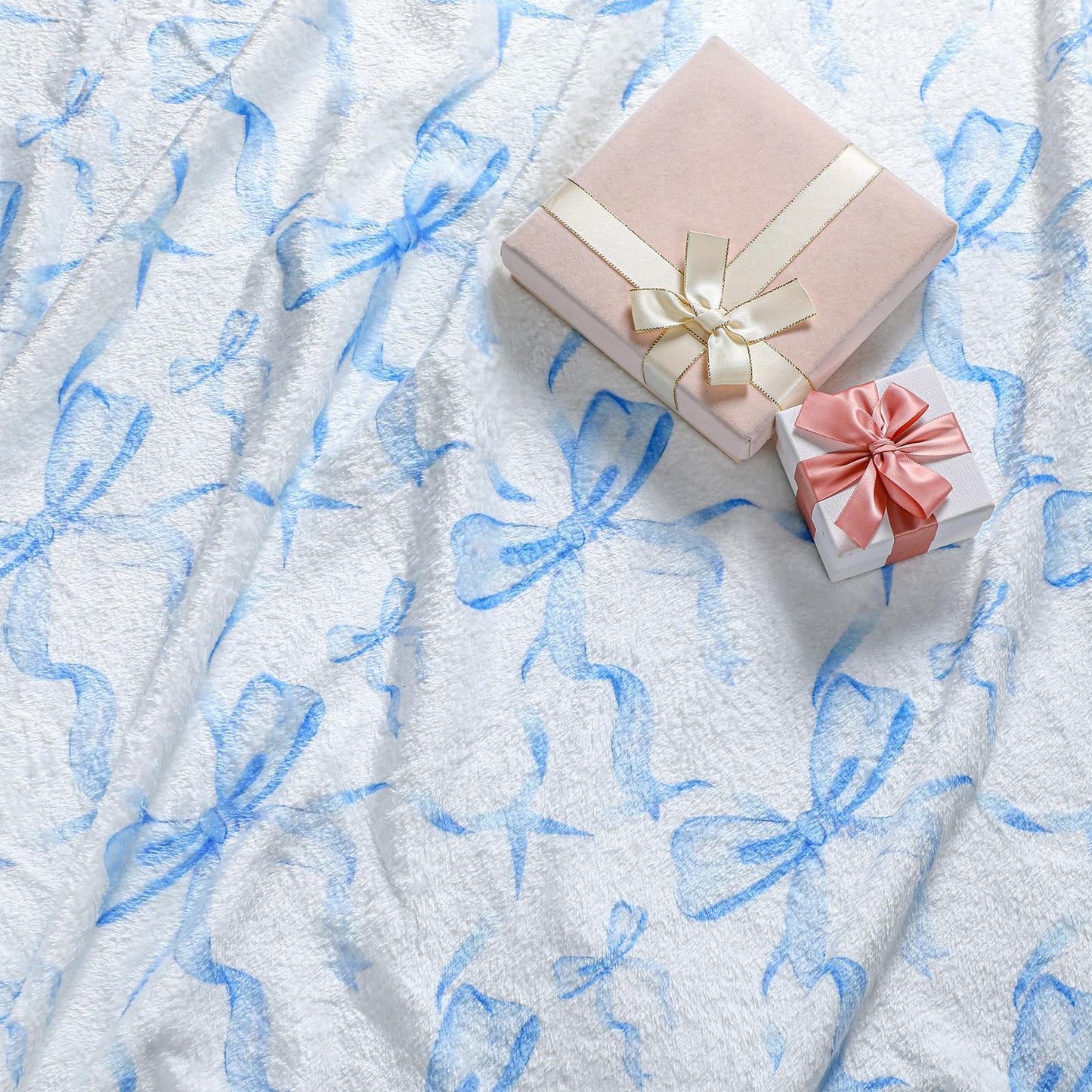 Buryeah Blue Bow Throw Blanket Valentine's Day Galentines Day Gifts Preppy Blanket Coquette 50 X60 Flannel Soft Cute Bow Lightweight Aesthetic Room Decor for Women Friends for Sofa Couch Travel Bed