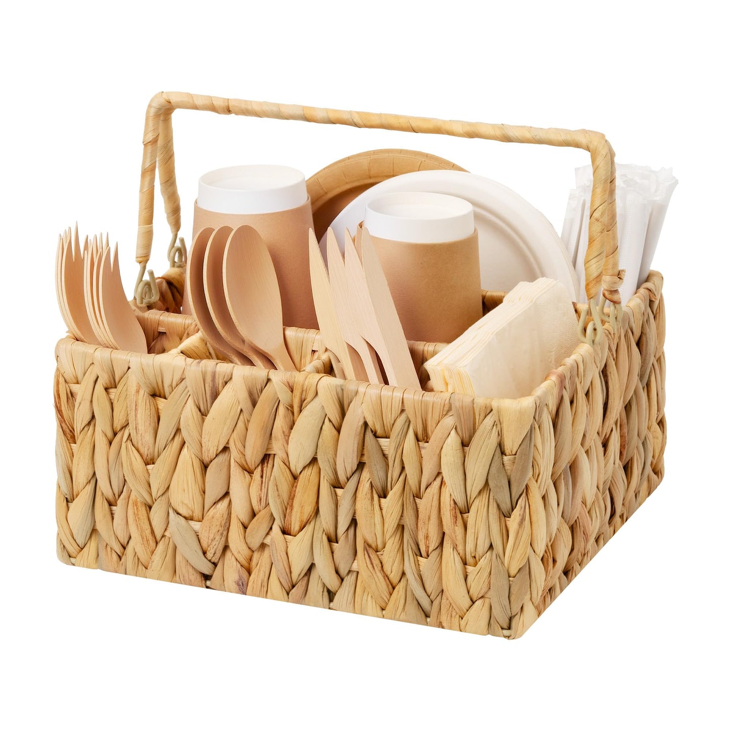 StorageWorks Wicker Silverware Organizer with Handle, Water Hyacinth Kitchen Utensil Holder, Large Utensil Holder for Kitchen Counter, Spoon Forks Cutlery Caddy, Paper Plate Dispenser for Countertop