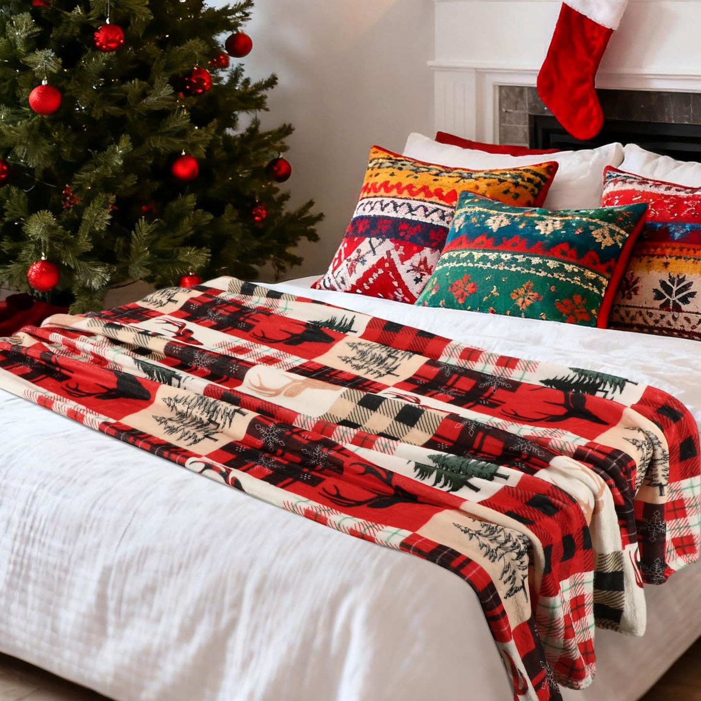 Jansun Christmas Blanket, Christmas Throw Blanket Red Black Plaid Deer Pattern Comfortable Flannel Warm Winter Cabin Throw for Bed Sofa Kids Adults Family Self
