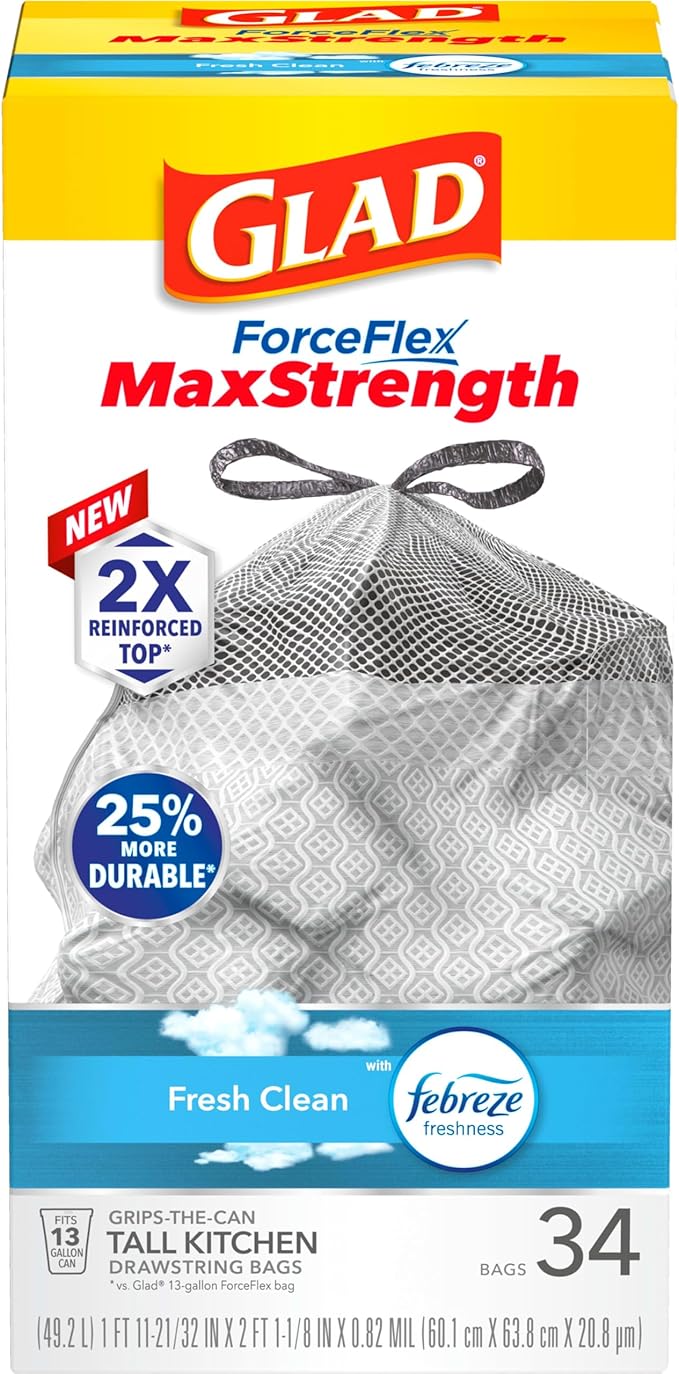 Glad ForceFlex MaxStrength Kitchen Trash Bags, 13 Gal, Fresh Clean Febreze