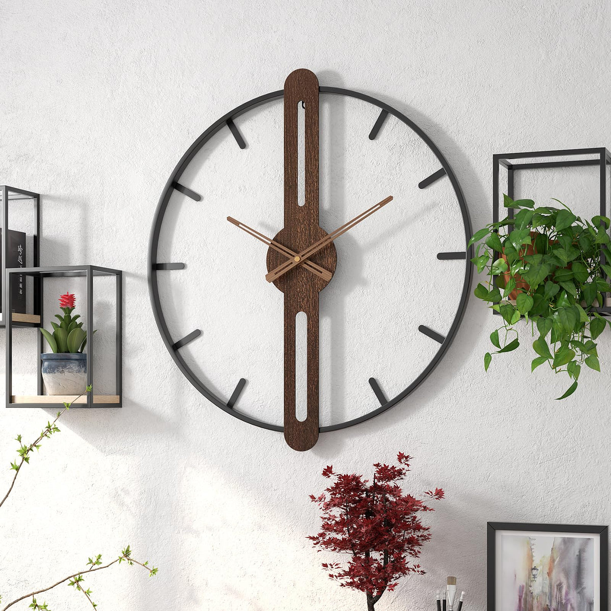 DAYDAYART Modern Walnut Dial Wall Clock, Wood Large Wall Clock Decor Metal Frame Silent Non Ticking for Living Room, Bedroom, Kitchen, Study Decoration, Handmade Home Present Idea, 20 in （50 cm）