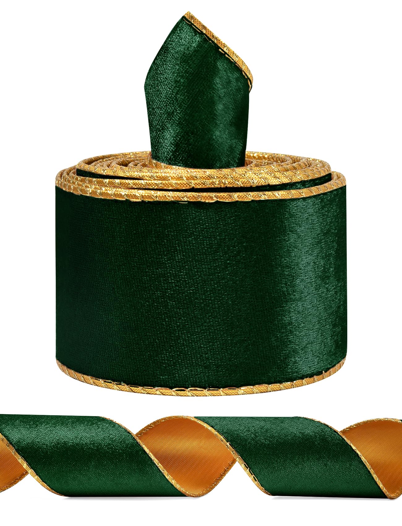 Green Wide Velvet Ribbon Wired for Christmas Tree, Garland, Wreath, 2.5 Inch 5 Yards