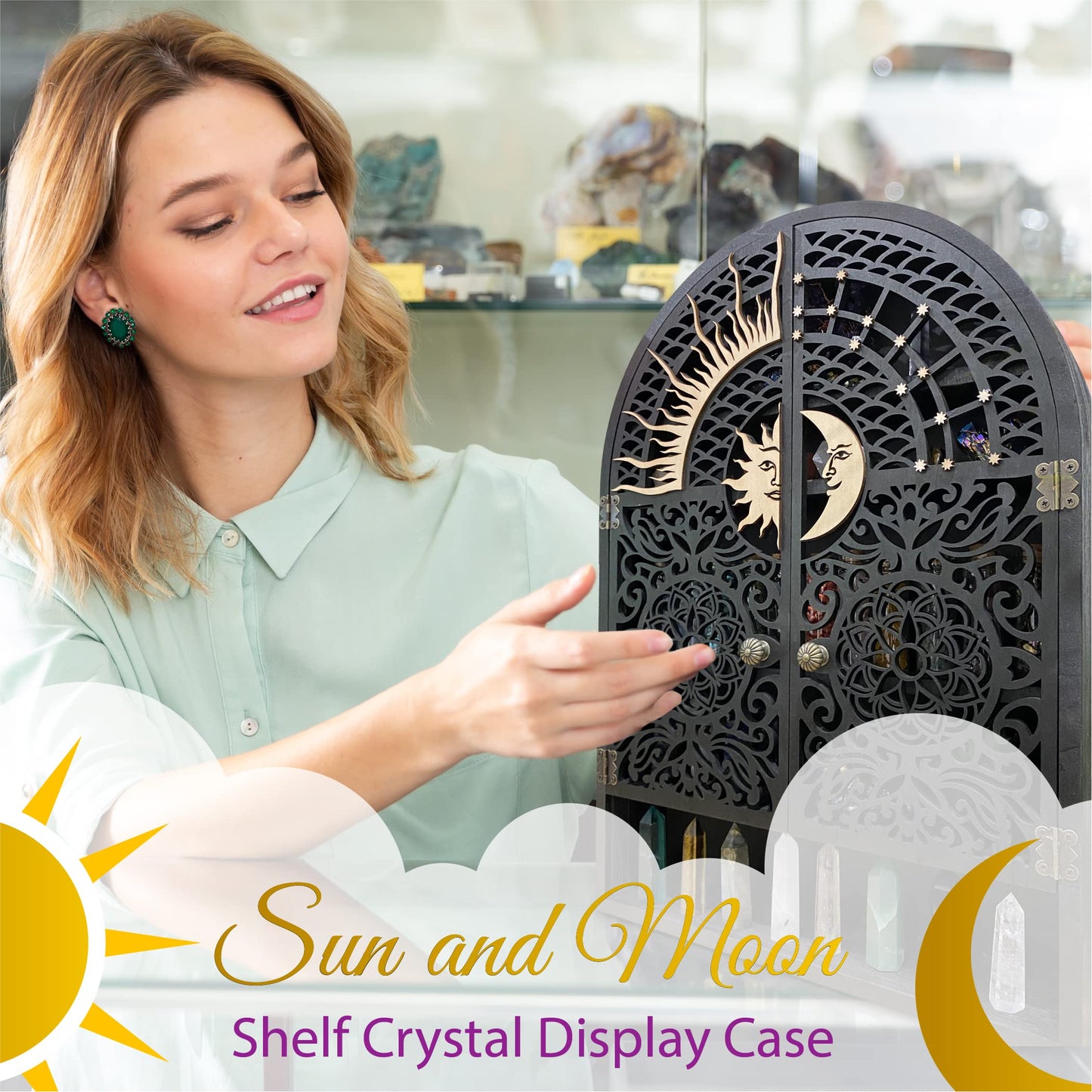 Ella & Emma Sun & Moon Wall Shelf – 5-Tier Hardwood Crystal Display Cabinet for Stones, Essential Oils, Nail Polish – Witchy/Boho Moon Phase Home Decor