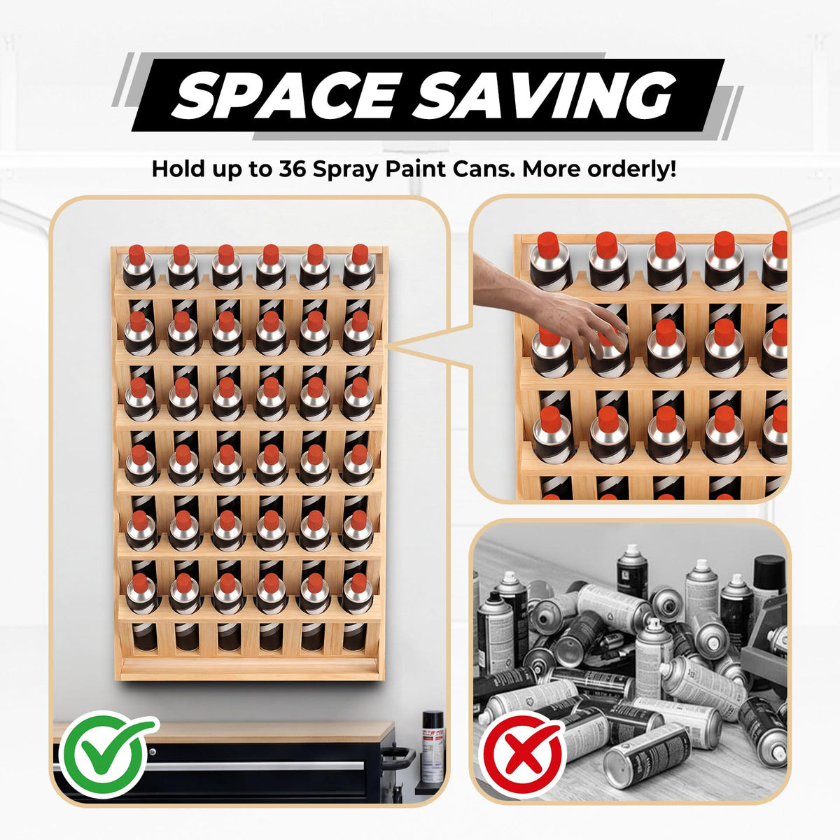 Sidasu 36 Can Spray Paint Can Holder, Wooden Spray Paint Storage Rack, Wall Mount Spray Can Organizer for Spray And Lube,6 Tier Paint Can Organizer for Garage/Workshop/Home