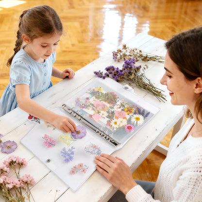 Alvian A4 Dried Flower Pressing Scrapbook Kit - 50pcs Floral Stickers & Transparent Pages for Pressed Flower Storage, Organizing, Resin Art & Scrapbooking - Ideal Gift for Gardeners, Plant Lovers