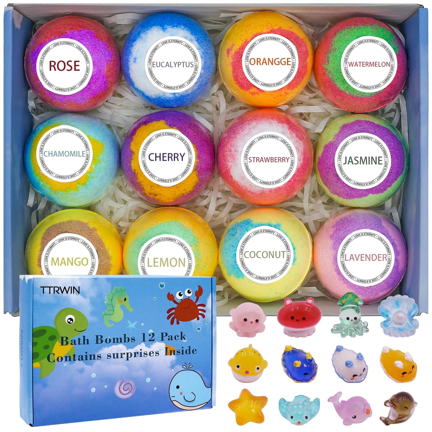 12 pcs TTRWIN Bath Bomb Gift Set,with Surprise Toys Inside, Organic and All Natural Ingredients Bubble Bath Bombs Fizzes Spa Ideal Birthday Easter for Boys & Girls