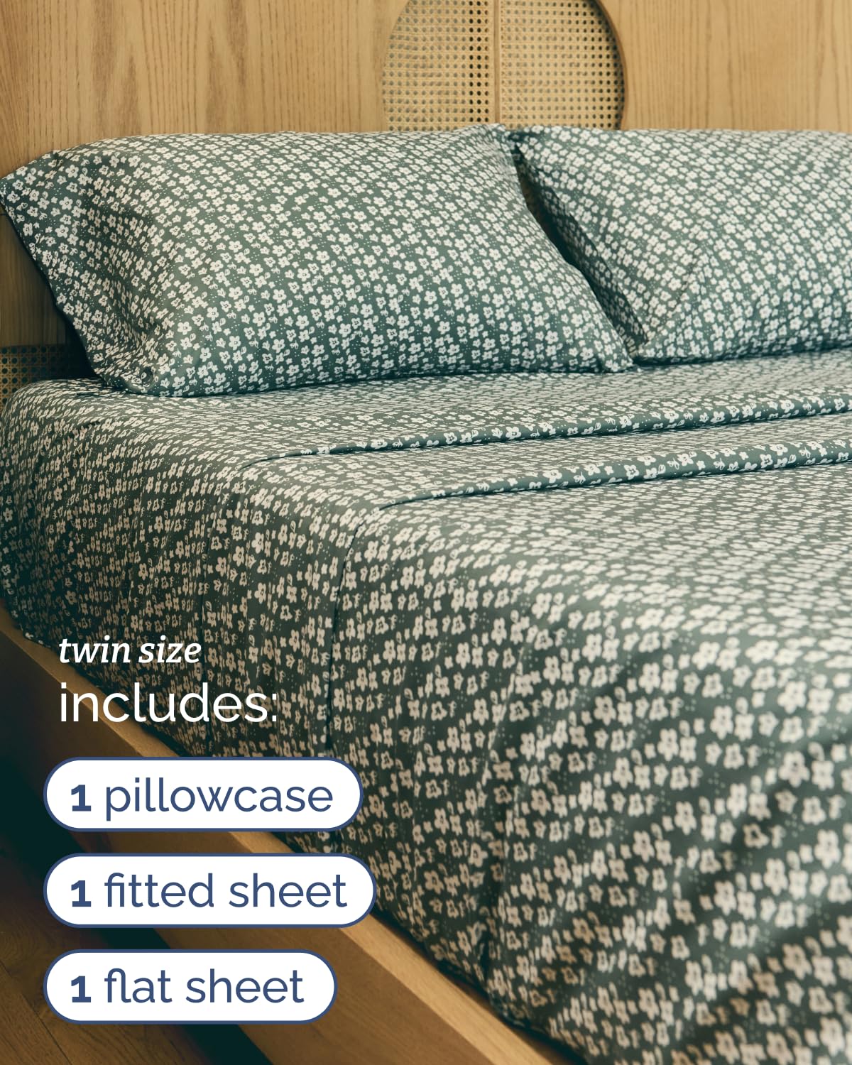 Floral Sheets - Green Floral Bed Sheet Set - 1 Flat, 1 Fitted & 1 Pillowcase w/ Deep Pockets - Comfy, Wrinkle & Fade-Free - Boho Botanical Bedding - Ultra-Soft, Breathable and Cooling - Twin Size Set