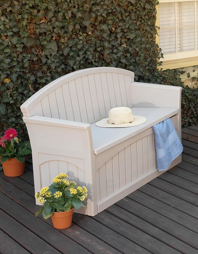Suncast Outdoor Storage Bench - 50 Gallon Taupe Resin Outdoor Bench with Storage for Cushions, Tools & More. All-Weather Patio Deck Box with Seat for Porch, Pool, Yard, & Garden, Made in USA