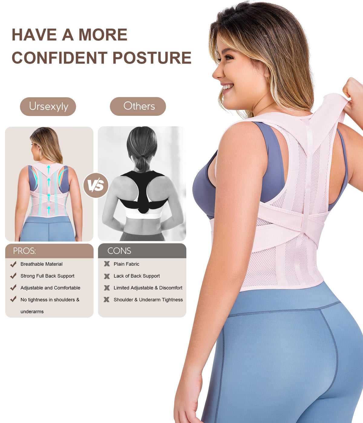 URSEXYLY Back Brace Posture Corrector for Women Adjustable Shoulder Straightener Full Back Support Upper, Lower Back Pain Relief,Spine Straightener Posture Corrector (Pink, XX-Large)