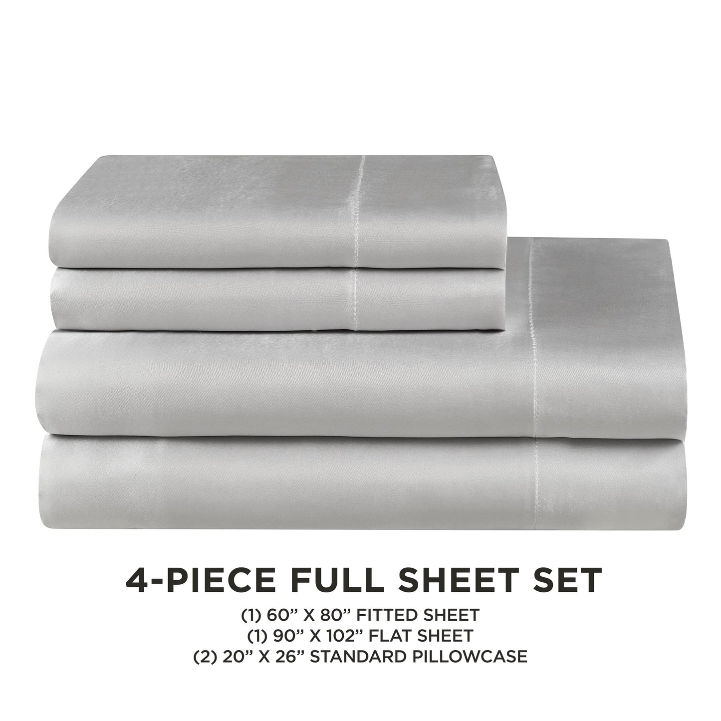 Juicy Couture Full Size Silk Satin Bed Sheet Set, Deep Pocket Silky Full Sheet Set with 1 Fitted Sheet, 1 Flat Sheet and 2 Pillow Case, Wrinkle Resistant and Anti Pilling Bed Sheets - Grey