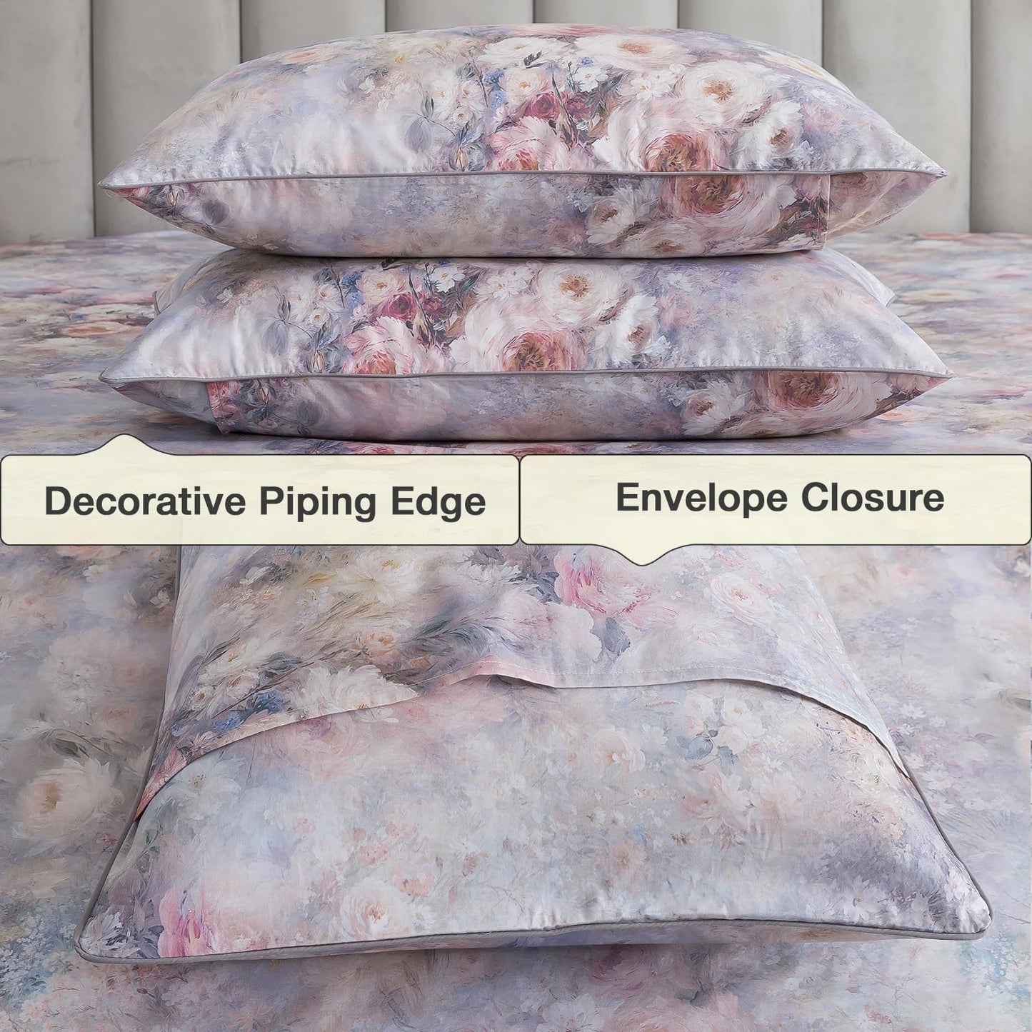 Puralens Vintage Floral Percale Sheets, Queen 100% Cotton Shabby Chic Sheet Set, Soft Crisp Purple Flower Bed Sheets, Cozy House Bedding, Deep Pocket Fitted Sheet, White Pink Rose Patterned, 4Pcs
