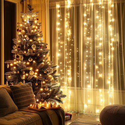 FUNPENY Window Curtain String Lights, 300 LED 8 Lighting Modes Fairy Lights USB Powered, Waterproof Lights for Christmas Bedroom Party Wedding Home Garden Wall Decorations, Warm White