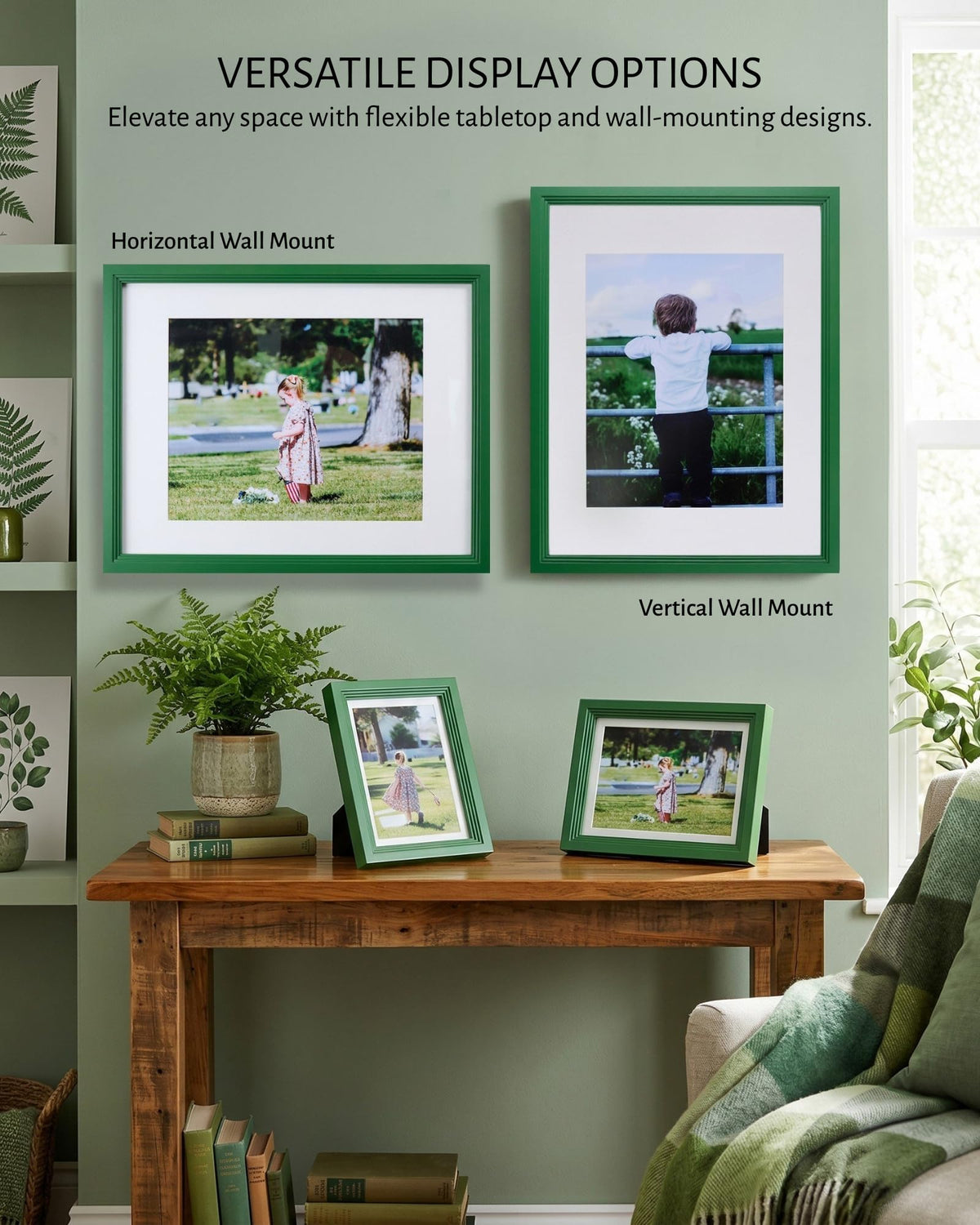 Exper City 11x14 Wooden Picture Frame, Displays 11x14 Without Mat or 8x10 With Mat, Solid Wood Colorful Photo Frame for Wall, Real Glass, Rustic Stepped Edge Design, 2 Pack, Green