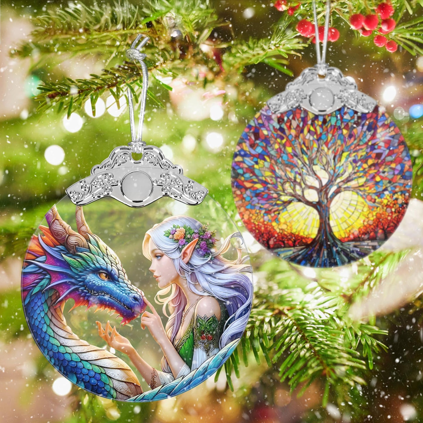 Jocidea Enchanted Elf & Dragon Christmas Ornament - Stained Glass Hanging Decor - Tree Decoration - Gift for Friends, Sisters