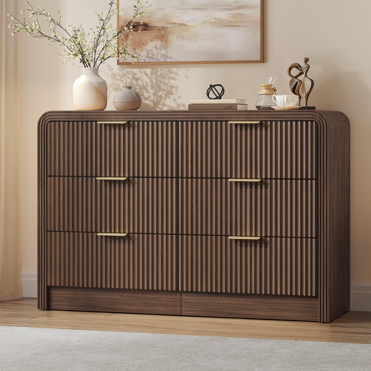 Decofy Fluted Drawers Dresser for Bedroom, Wood Dressers with Gold Handles, Modern Dressers with Wave Texture, Large Storage Chest of Drawers, Bedroom Dresser Organizer 47'' & 6 Drawers (Walnut)