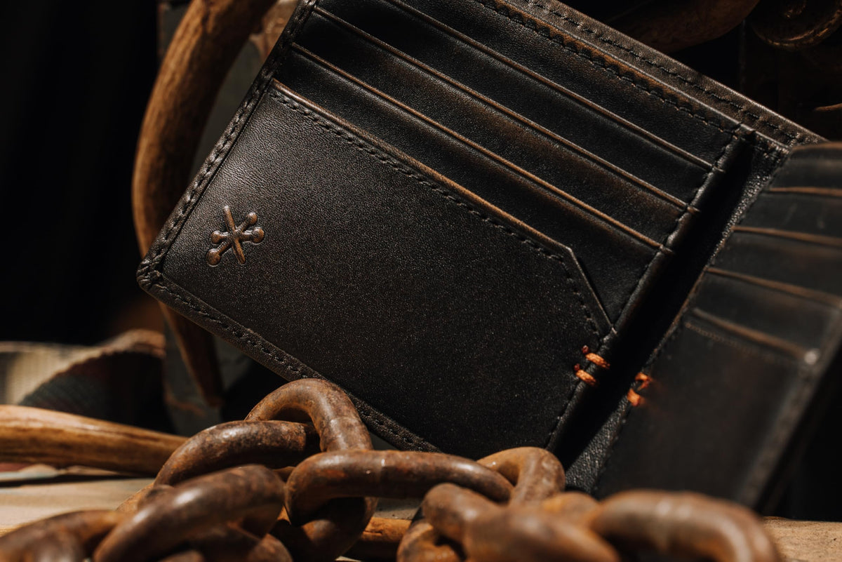 House of Jack Co. Deer Men's Classic Bifold Wallet, Full Grain Leather Hunting Wallet, 8 Card Slots, Camo Lining, Embossed Whitetail Deer, Hunter Gift for Men, Black