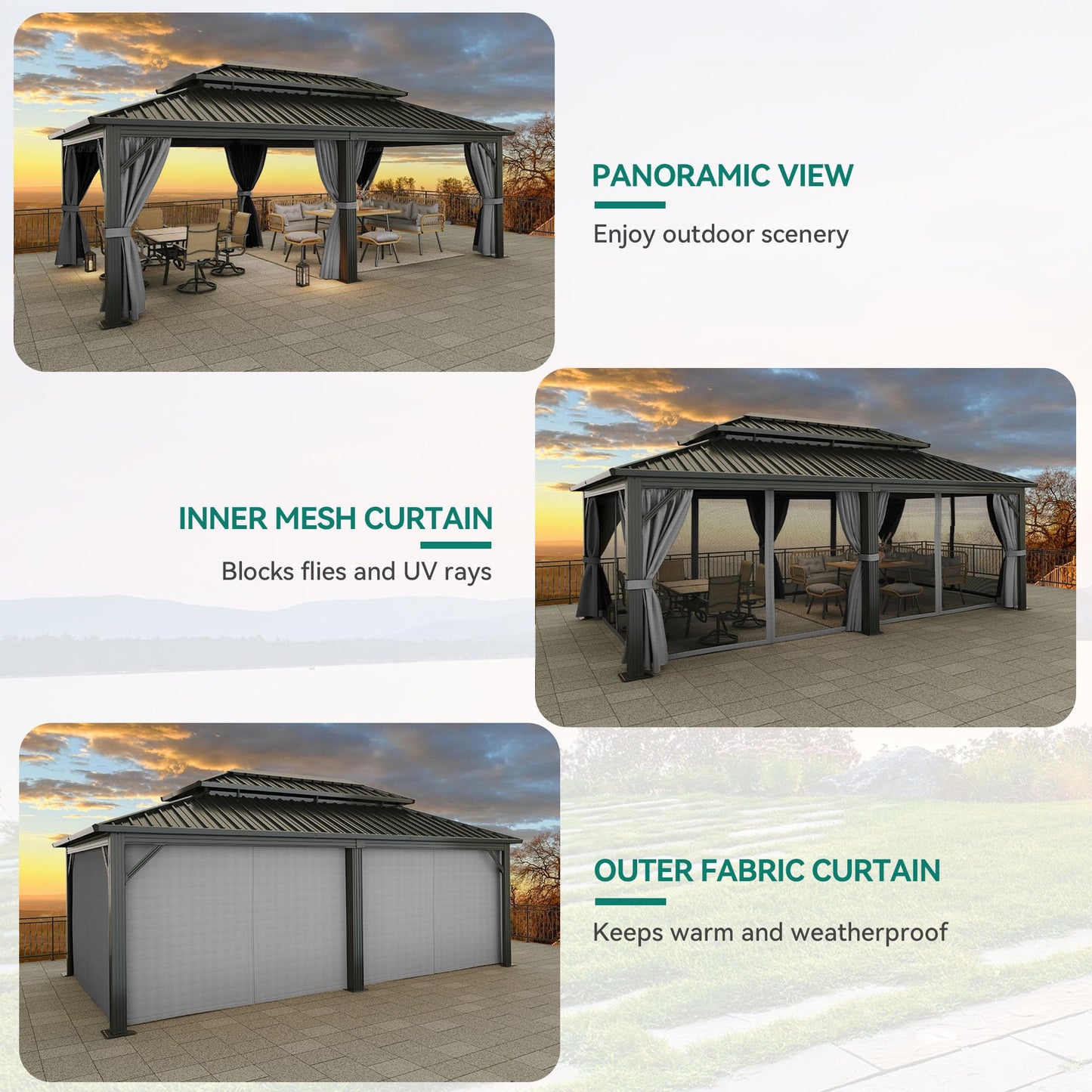 YITAHOME 12X20FT Gazebo Hard Top Patios Double Roof Aluminum Frame Garden Gazebo Tent Curtains Netting for Patios Backyards Decks Lawns Gray
