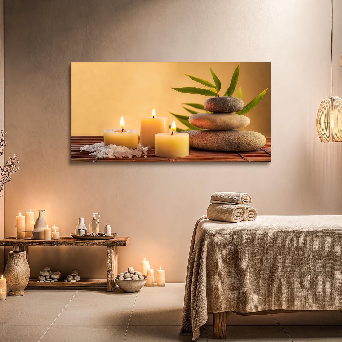 SLYCAY Oversized Large Meditation Zen Stone Canvas Wall Art, Yellow Candle Spa Wall Decor Minimalist Neutral Calming Prints Yoga Room Bathroom Bedroom Office Living Room 29"X58"