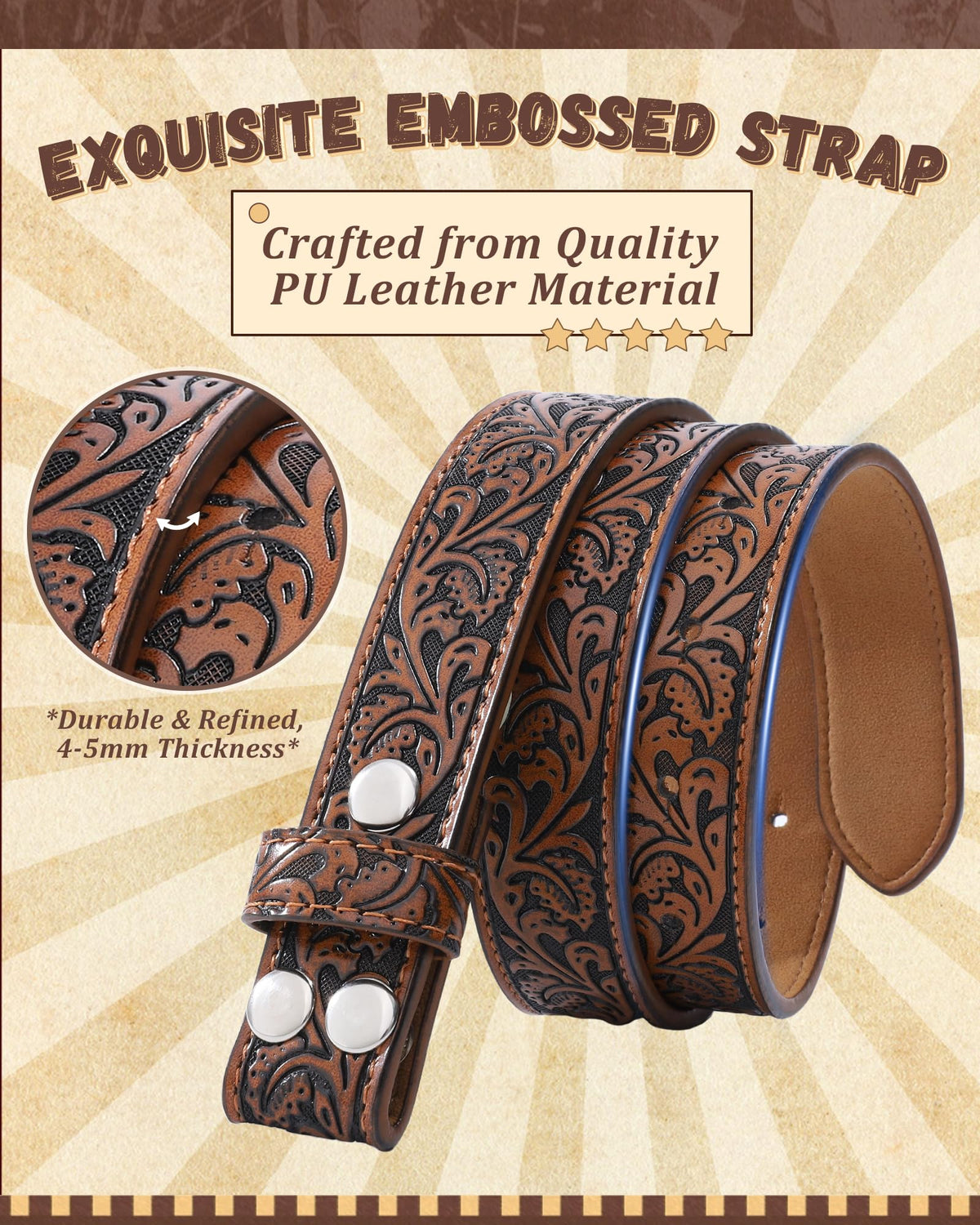 AWAYTR Kids Western Belt with Detachable Buckle - PU Leather, 3 Sizes (23"-34.5"), Adjustable for Daily Wear & Halloween (Horse Buckle-Dark Brown, Fit Waist: 23"-26")