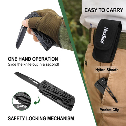 NexTool Multitool, 11 in 1 Multi Tool with Needle Nose Pliers, Scissors and Screwdriver Bits, Stainless Steel Multi Tool Pocket Knife with Safety Locking for Camping,Fishing,Hiking, Mens Gifts Unique