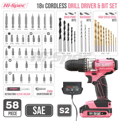Hi-Spec 58pc 18V Pink Womens Electric Cordless Power Ladies Drill Driver Set with Rechargeable Battery, Power Screwdriver Bits, Wood and Metal Drill Bits. All in a Compact Case