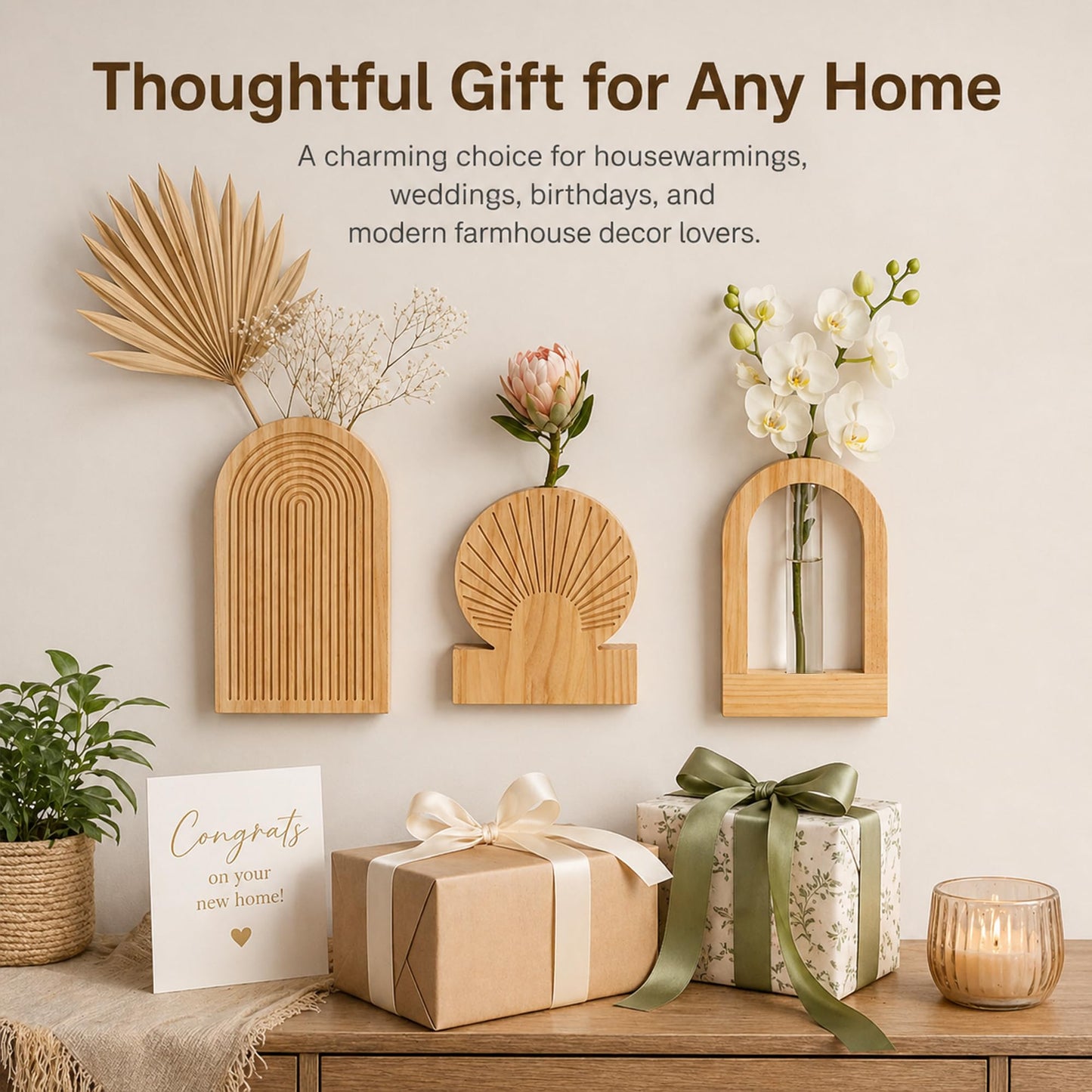 TBWIND Wooden Wall Vases for Flowers Set of 3, Propagation Planter with 2 Glass Tubes, Modern Farmhouse Hanging Wood Decor for Living Room, Entryway (Natural)
