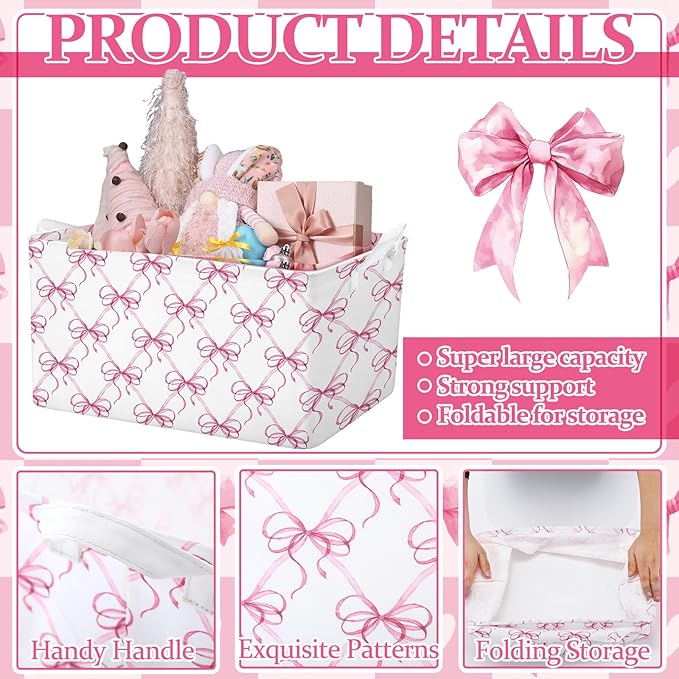 4 Pcs Pink Bow Storage Basket for Gifts Collapsible Girls Coqutte Pink Storage