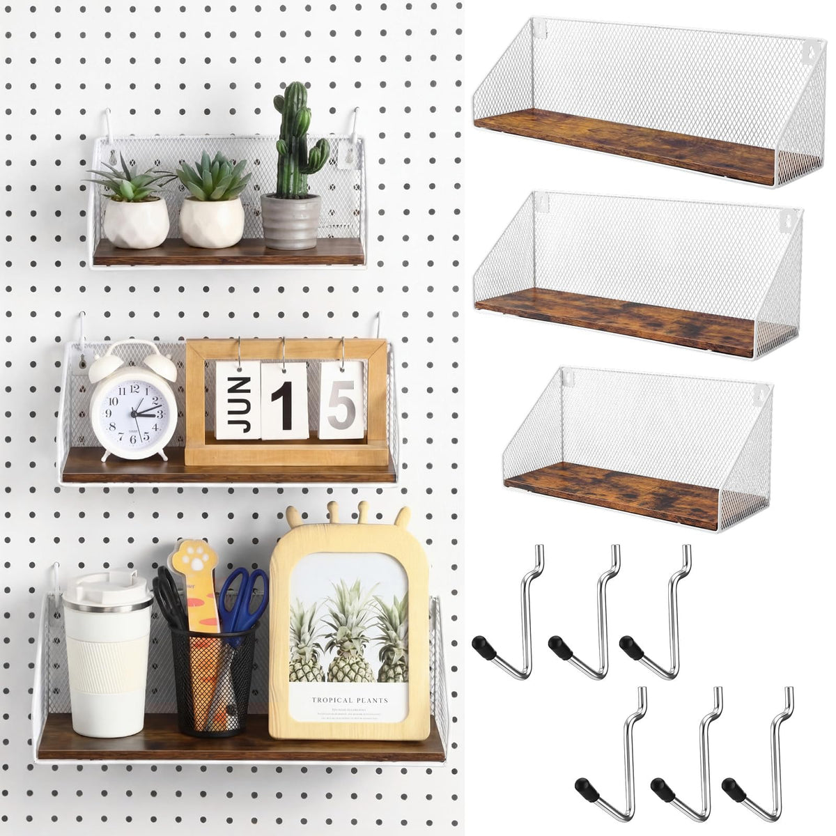 Ferrochef 3 Pack Pegboard Shelves with Hooks, Wall Mounted Grid Shelves, Pegboard Organizer Bins with Wooden Base, Heavy Duty Peg Board Storage Accessories for Kitchen, Bathroom, Garage, Office(White)