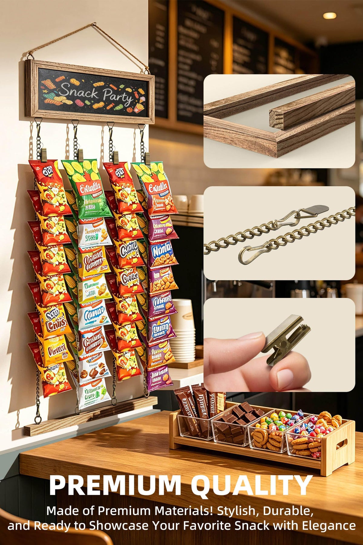 Srillollar Hanging Chip Display Rack Stand, Wall Mounted Chip Holder Display for Potato Chips, Snacks, Candy, Wooden Snack Organizer Rack with Display Board for Party, Retail, Home, Office (40 Clips)