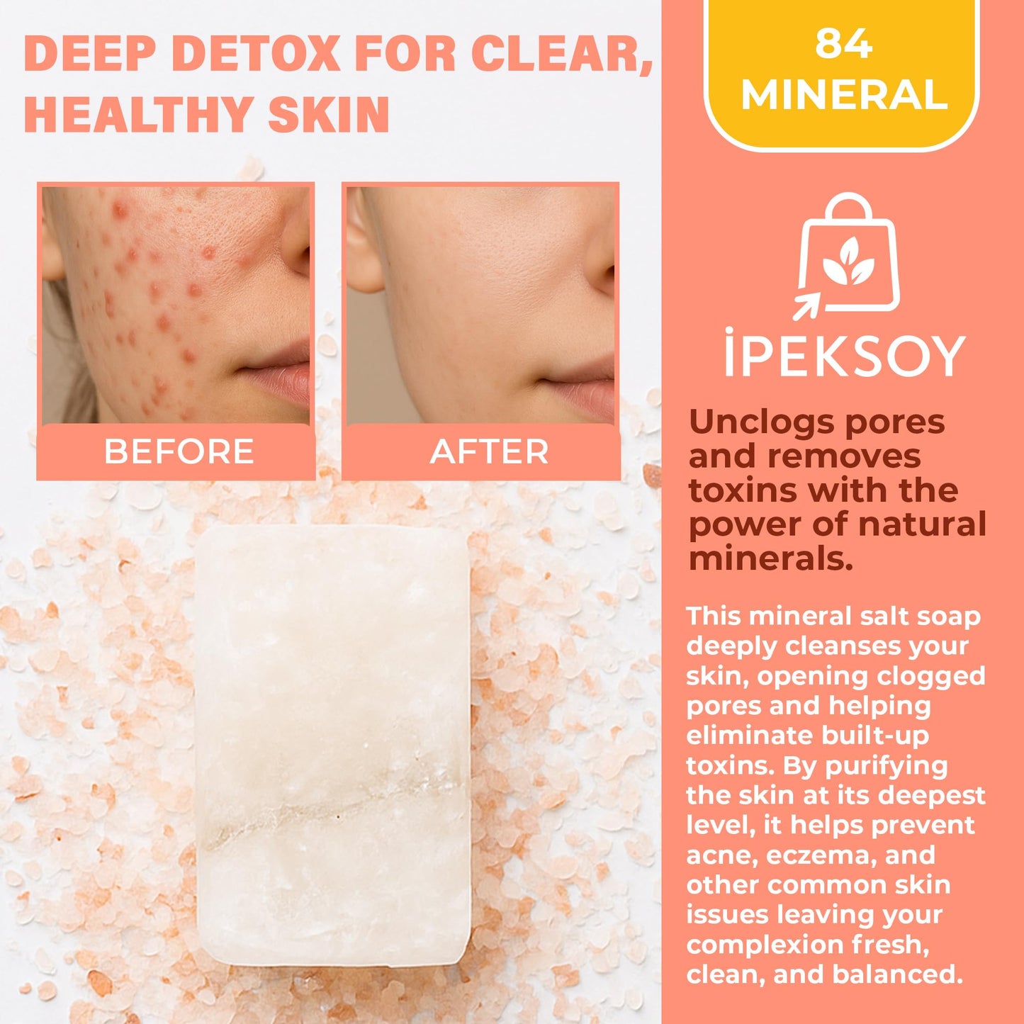 ipeksoy Natural Salt Soap Bar – Purifying and Exfoliating Organic Unscented Bar Soap for Men & Women – Pure Mineral Rock Salt Soap for Gentle Skin Care and Odor Control (Salt (3 Pieces))