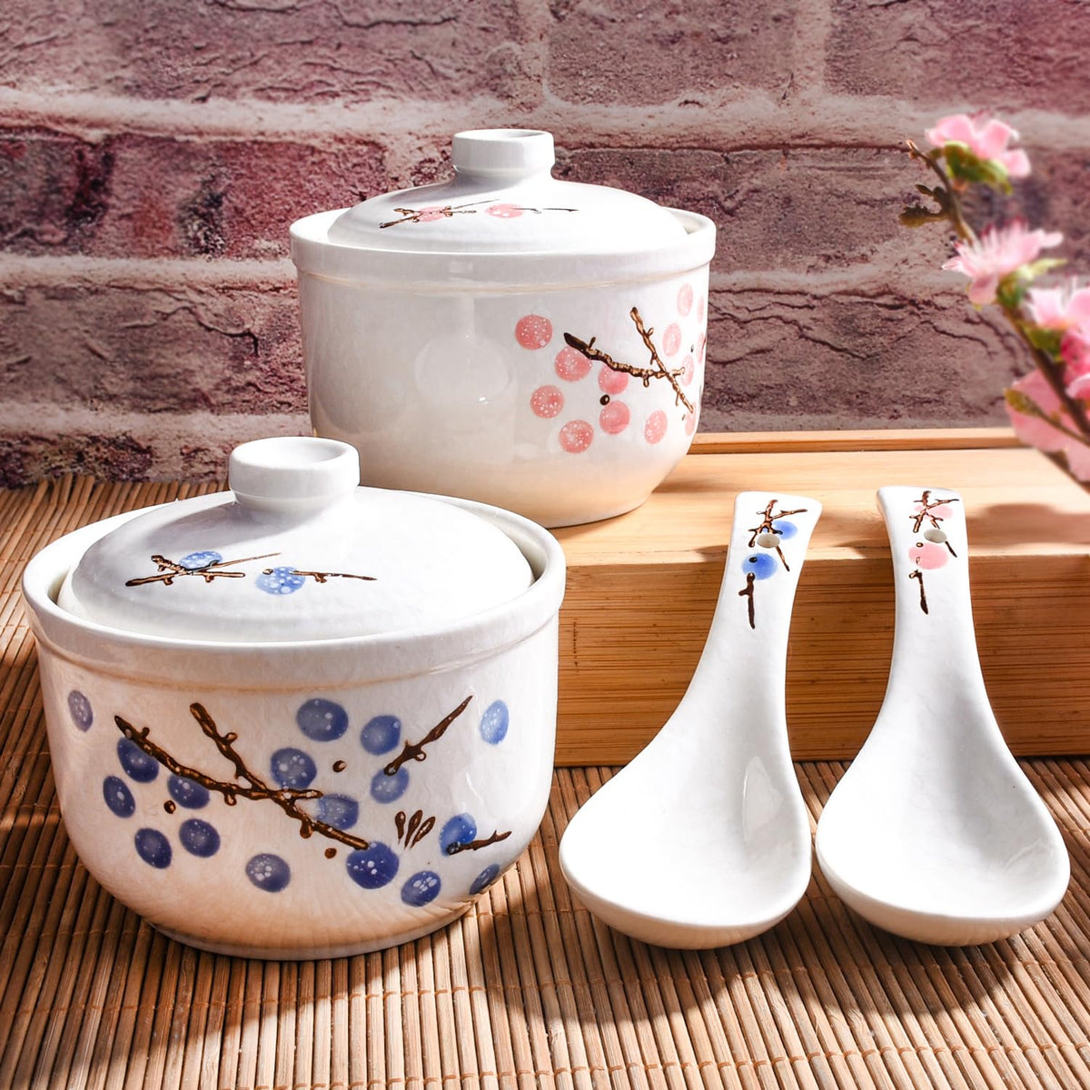 Whitenesser Ceramic Stew Bowl with Lid and Spoon Set of 2, Multi-Use for Stew, Soup, Salt, Sugar and Spice, Kitchen Container