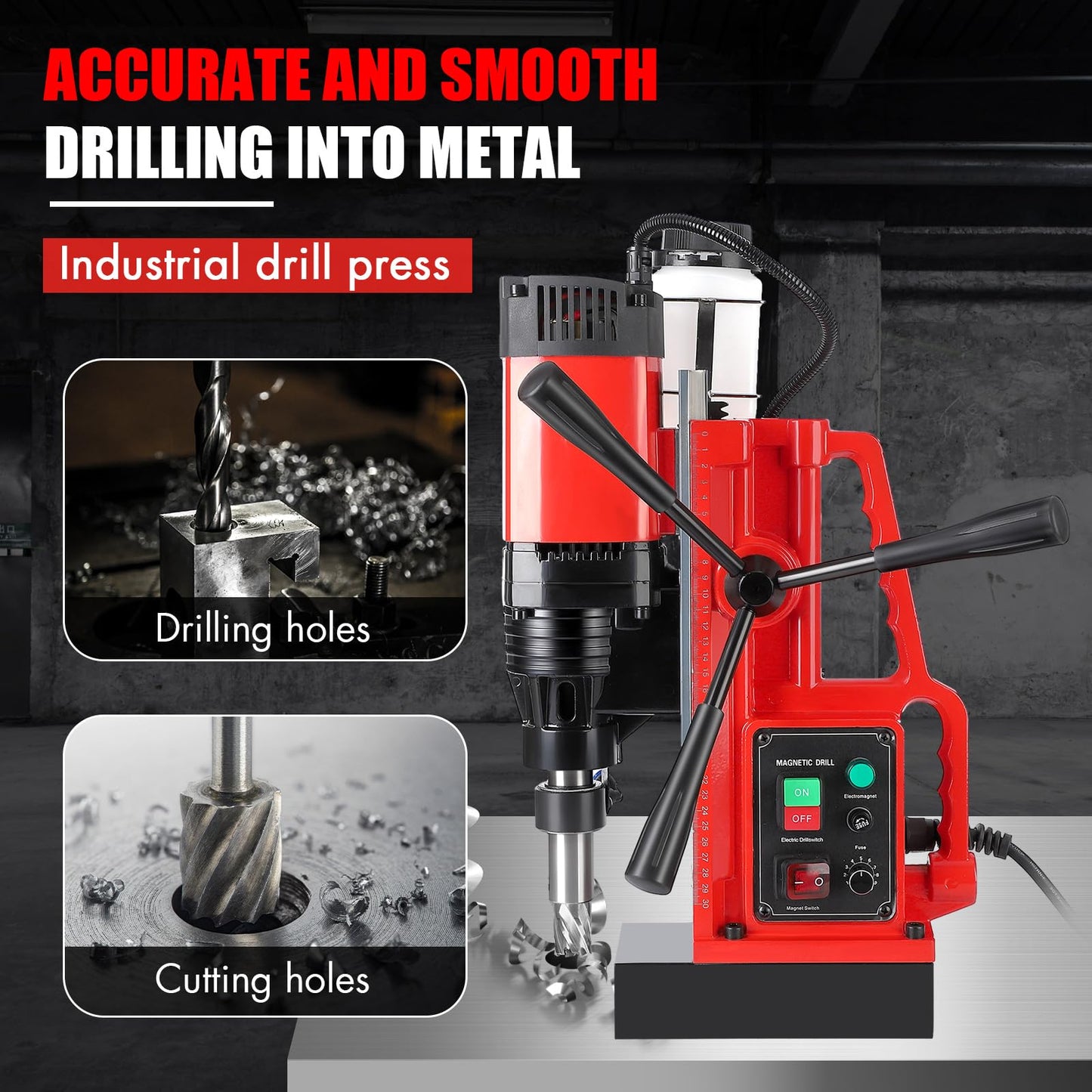 Magnetic Drill Press, 1550W 500RPM Portable Power Mag Drill Press, 10-Speed Core Drilling Machine for Metal Working,3Pcs Drill Bits