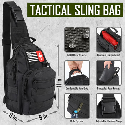 Survival Kit, 268 Pcs Emergency Survival Gear and Equipment Supplies with First Aid Kit, Camping Axe, Headlamp, Crossbody Bag for Camping Hiking, Hunting, Gift for Christmas Men, Dads, Black